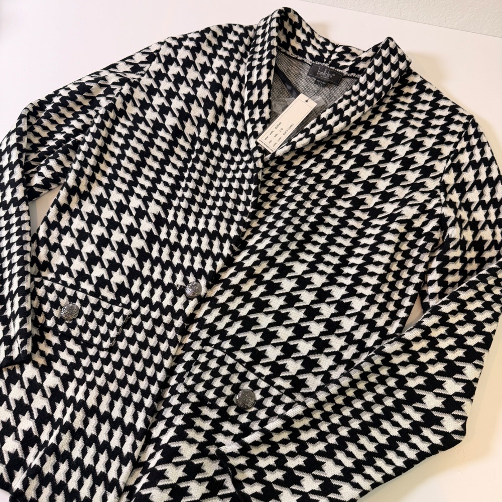Belldini Black White Houndstooth Knit Cardigan Blazer Ornate Button NWT L